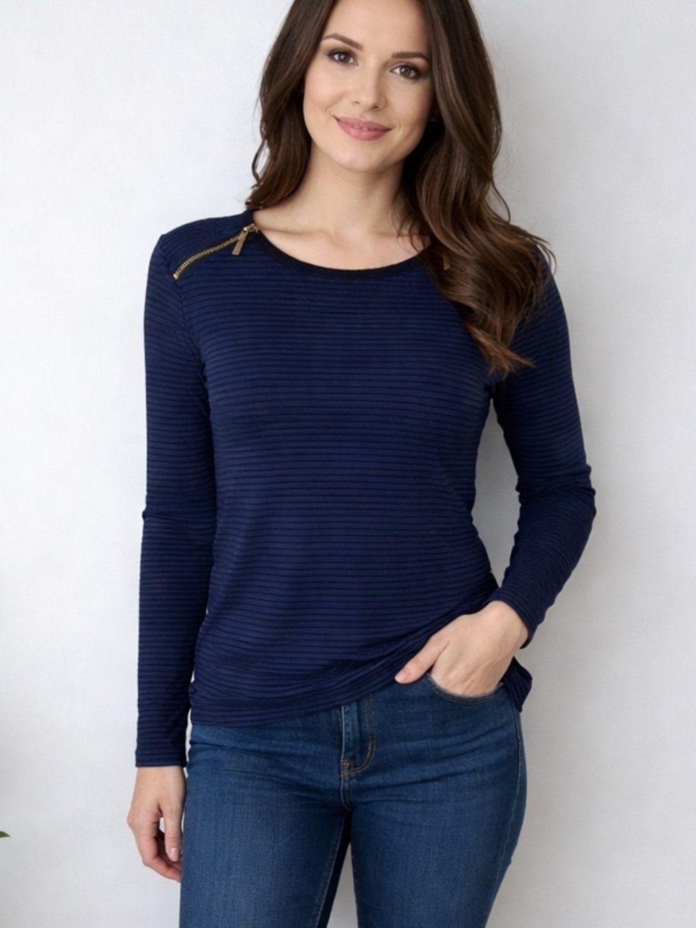 Michael Kors Striped Long Sleeve Top - Zipper Shoulders